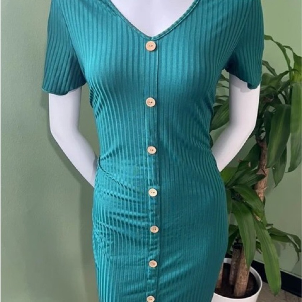Lulu-B Teal Ribbed Button Midi Dress